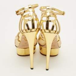 Pre Owned صندل شارلوت أوليمبيا جلد و قماش شبكي ذهبي بحزام للكاحل مقاس 37