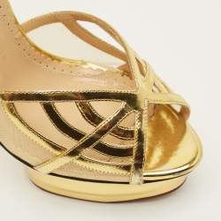 Pre Owned صندل شارلوت أوليمبيا جلد و قماش شبكي ذهبي بحزام للكاحل مقاس 37