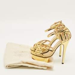 Pre Owned صندل شارلوت أوليمبيا جلد و قماش شبكي ذهبي بحزام للكاحل مقاس 37