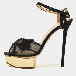مملوكة مسبقًا Charlotte Olympia Octavia Size 38 Black Mesh and Suede Platform Ankle Strap Sandals