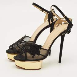 Pre Owned Charlotte Olympia Octavia Size 38 Black Mesh and Suede Platform Ankle Strap Sandals
