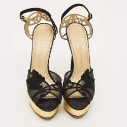 Pre Owned Charlotte Olympia Octavia Size 38 Black Mesh and Suede Platform Ankle Strap Sandals