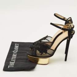 Pre Owned Charlotte Olympia Octavia Size 38 Black Mesh and Suede Platform Ankle Strap Sandals