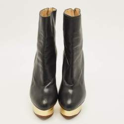 Pre Owned Charlotte Olympia Lucinda Size 37.5 Black Leather Ankle Length Boots