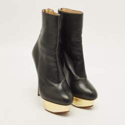 Pre Owned Charlotte Olympia Lucinda Size 37.5 Black Leather Ankle Length Boots