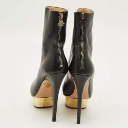 Pre Owned Charlotte Olympia Lucinda Size 37.5 Black Leather Ankle Length Boots
