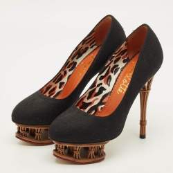 Pre Owned Charlotte Olympia Dolly Size 36 Black Canvas Platform Pumps