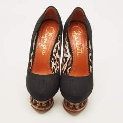 Pre Owned Charlotte Olympia Dolly Size 36 Black Canvas Platform Pumps