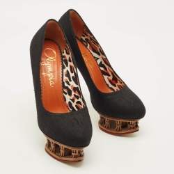 Pre Owned Charlotte Olympia Dolly Size 36 Black Canvas Platform Pumps