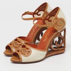 Pre Owned Charlotte Olympia Size 38 Cream/Brown Leather Net Peep Toe Wedge Pumps