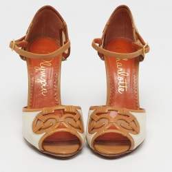 Pre Owned Charlotte Olympia Size 38 Cream/Brown Leather Net Peep Toe Wedge Pumps