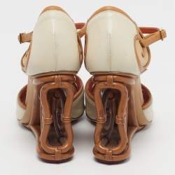 Pre Owned Charlotte Olympia Size 38 Cream/Brown Leather Net Peep Toe Wedge Pumps