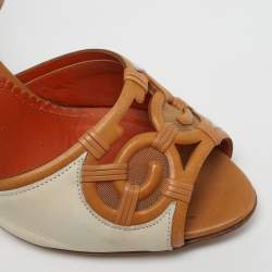 Pre Owned Charlotte Olympia Size 38 Cream/Brown Leather Net Peep Toe Wedge Pumps