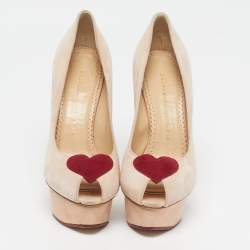 Pre Owned حذاء كعب عالي شارلوت أوليمبيا دوللي نعل سميك سويدي بيج فاتح مقاس 35.5