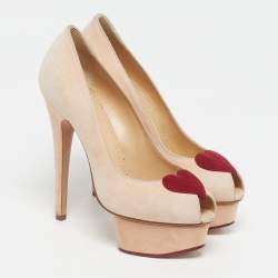 Pre Owned حذاء كعب عالي شارلوت أوليمبيا دوللي نعل سميك سويدي بيج فاتح مقاس 35.5