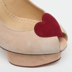 Pre Owned حذاء كعب عالي شارلوت أوليمبيا دوللي نعل سميك سويدي بيج فاتح مقاس 35.5