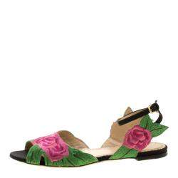 Charlotte Olympia Pink/Green Rose Embroidered Fabric Ankle Strap Flat Sandals Size 36