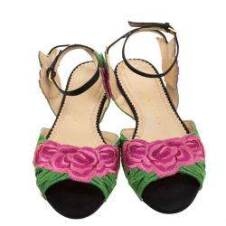 Charlotte Olympia Pink/Green Rose Embroidered Fabric Ankle Strap Flat Sandals Size 36