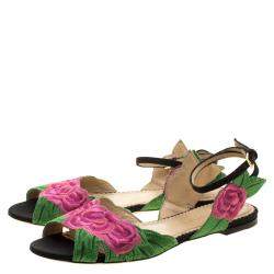 Charlotte Olympia Pink/Green Rose Embroidered Fabric Ankle Strap Flat Sandals Size 36