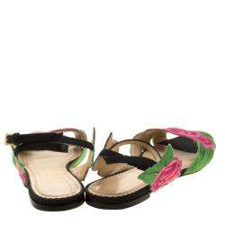 Charlotte Olympia Pink/Green Rose Embroidered Fabric Ankle Strap Flat Sandals Size 36