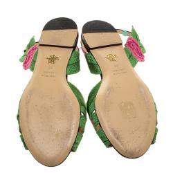 Charlotte Olympia Pink/Green Rose Embroidered Fabric Ankle Strap Flat Sandals Size 36