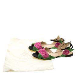 Charlotte Olympia Pink/Green Rose Embroidered Fabric Ankle Strap Flat Sandals Size 36