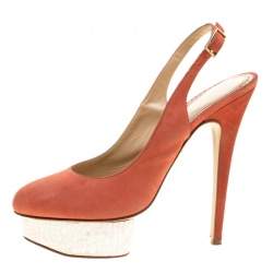Pre Owned Charlotte Olympia Red Suede Dolly Slingback Platform Pumps Size 40
