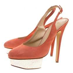 Pre Owned Charlotte Olympia Red Suede Dolly Slingback Platform Pumps Size 40