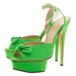 Pre Owned Charlotte Olympia Gren Satin Serena Bow Ankle Strap Platform Sandals Size 40