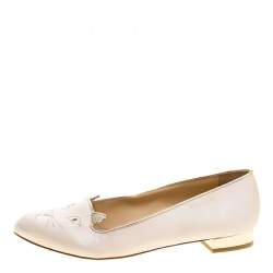 Pre Owned Charlotte Olympia Pale Pink Kitty Embroidered Satin Flats Size 40