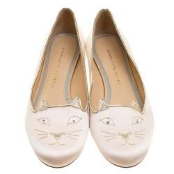 Pre Owned Charlotte Olympia Pale Pink Kitty Embroidered Satin Flats Size 40