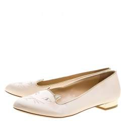 Pre Owned Charlotte Olympia Pale Pink Kitty Embroidered Satin Flats Size 40