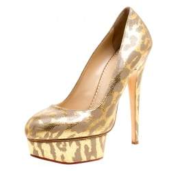 Pre Owned Charlotte Olympia Grey/Gold Leather Platform Pumps Size 38