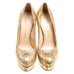 Pre Owned Charlotte Olympia Grey/Gold Leather Platform Pumps Size 38