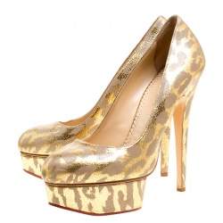 Pre Owned Charlotte Olympia Grey/Gold Leather Platform Pumps Size 38