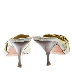 Pre Owned Saint Laurent Paris Lime Green/Beige Leather and Canvas Buckle Details Slide Sandals Size 41