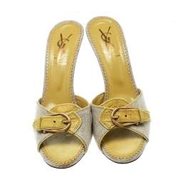 Pre Owned Saint Laurent Paris Lime Green/Beige Leather and Canvas Buckle Details Slide Sandals Size 41