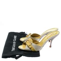 Pre Owned Saint Laurent Paris Lime Green/Beige Leather and Canvas Buckle Details Slide Sandals Size 41