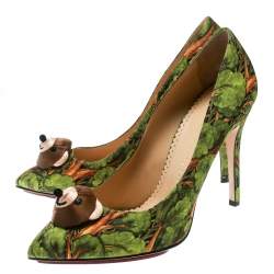 Pre Owned حذاء كعب عالي شارلوت أوليمبيا مقدمة مدببة بير نسيسيتيز ساتان مطبوع أخضر مقاس 38