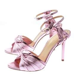 مملوكة مسبقًا Charlotte Olympia Metallic Pink Ruched Leather Broadway Ankle Strap Sandals Size 37