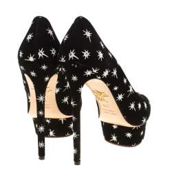 Charlotte Olympia Black Crystal Embellished Printed Suede Joise Platform Pumps Size 38.5