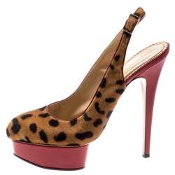 Pre Owned Charlotte Olympia Brown Leopard Pony Hair Slingback Platform Sandals Size 40