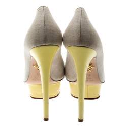 Pre Owned Charlotte Olympia Yellow Leather And Beige Canvas Dolly Platform Pumps Size 37.5