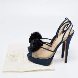 Charlotte Olympia Blue Suede Trim And Mesh Pomoline Pom Pom Platform Sandals Size 37