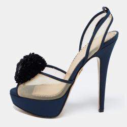 Charlotte Olympia Blue Suede Trim And Mesh Pomoline Pom Pom Platform Sandals Size 37