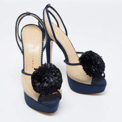 Charlotte Olympia Blue Suede Trim And Mesh Pomoline Pom Pom Platform Sandals Size 37
