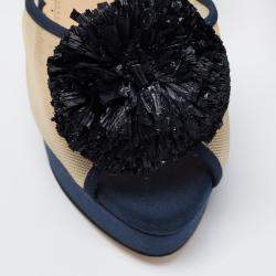 Charlotte Olympia Blue Suede Trim And Mesh Pomoline Pom Pom Platform Sandals Size 37