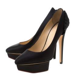 Pre Owned حذاء كعب عالي شارلوت أوليمبيا بالوما فان ساتان أسود بطيات نعل سميك مقاس 39