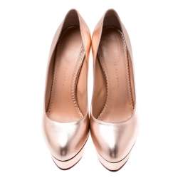 Pre Owned Charlotte Olympia Metallic Gold Leather Dolly Platform Pumps Size 39.5