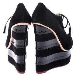 Charlotte Olympia Black Suede and Patent Leather Martha Wedge Derby Size 40